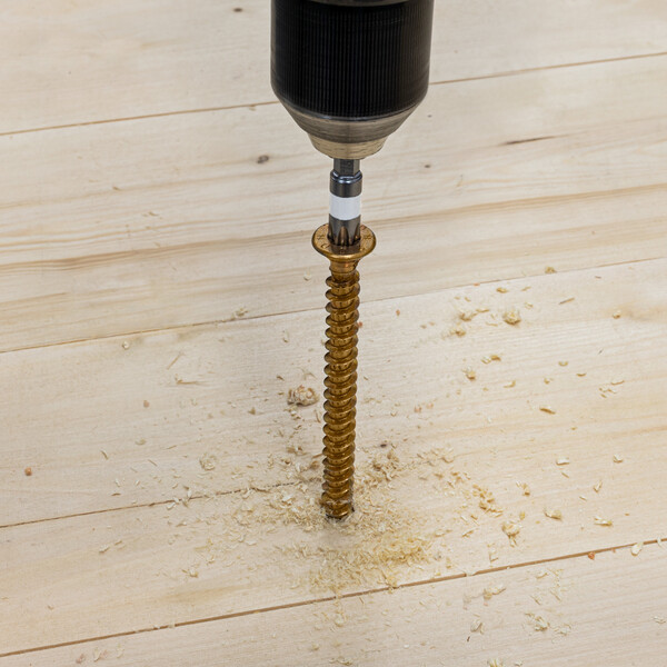 Der Kopf eines motorisierten Schraubers dreht eine gold- oder bronzefarbene Schraube in eine hölzerne Fläche ein. Holzmehl!